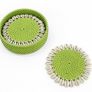 NEW Set of 4-Premium Coasters-Seashell-Trimmed Rattan-Lime Green-Eco Handcraft